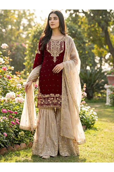 MYSMAR Maroon Heavy GMY Silk Embroidered Palazzo Suit Set - FFT6773 | Maroon-...