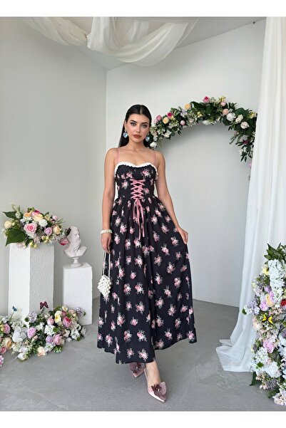 YURELİ Çiçek Desenli Bağcıklı Korsaj Detaylı Prenses Kesim Maxi Elbise