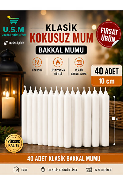 u.s.m ucuzsanalmarket Klasik Kokusuz Bakkal Mum Dilek Mumu 40 Adet (10 CM)