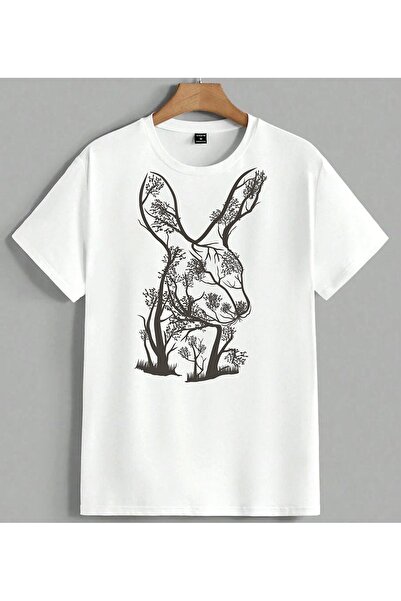 ELFERA Agac Tavsan Doga Art Black Printed Unisex Oversize T-Shirt White