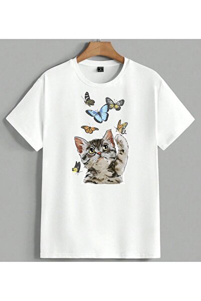 ELFERA Mačka Leptir Igrač Mačka Tiskana Unisex Oversize Majica Bela