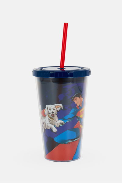 DC Superman Double Wall Plastic Tumbler With Straw 450 ml, Navy