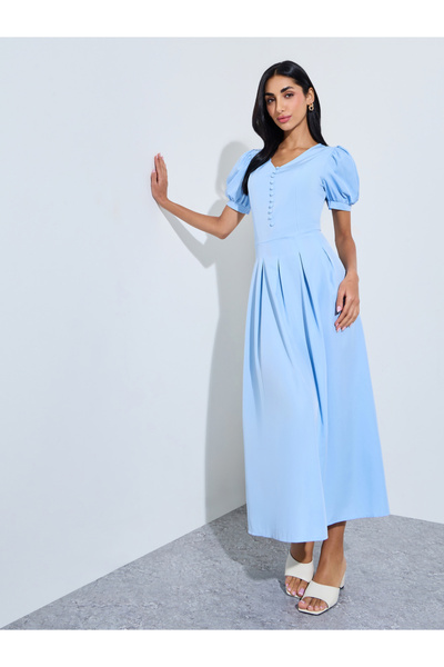 Styli Blue Solid Puff Sleeves A-Line Maxi Dress