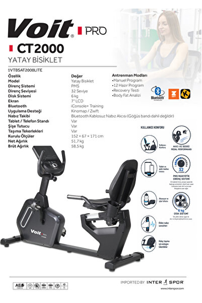 Voit Pro CT2000 Bluetooth'lu 32 Kademeli Manyetik Yatay Kondisyon Bisikleti