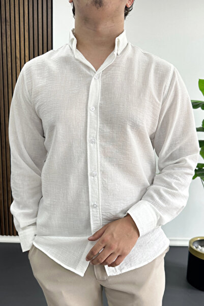 Edwox Men's Linen Blend Slim Fit Shirt White Edw499