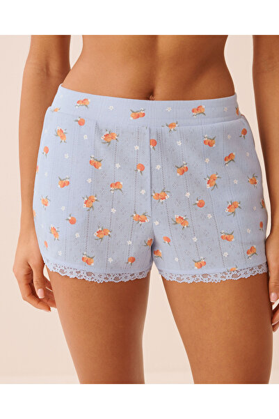 La Vie en Rose Peach Print Lace Trim Pointelle Pajama Shorts