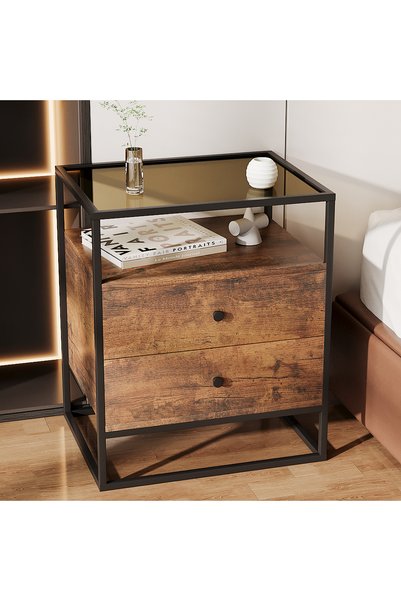 VariFurnx 50*40*60cm Nightstand Side Table Tempered Glass Top Sofa Coffee End Storage Cabinet with Metal Frame Storage Shelf and 2 Drawers