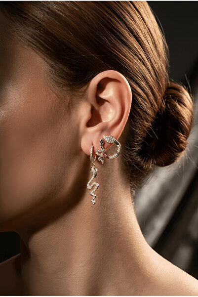 Eva Takı Store Set of 3 Snake Model Zircon Stone Gold Color Earrings