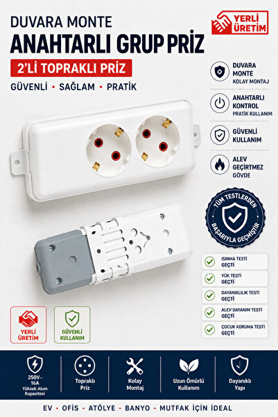 Üçler Life Duvara Monte Klemensli 2'li Topraklı Anahtarlı Grup Priz | Güvenli...