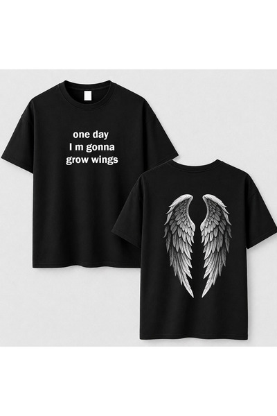 cesita Angel Wing Printed Cotton Black T-Shirt