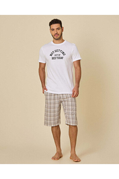REDTAG Men White T-Shirt And Beige Check Shorts Set