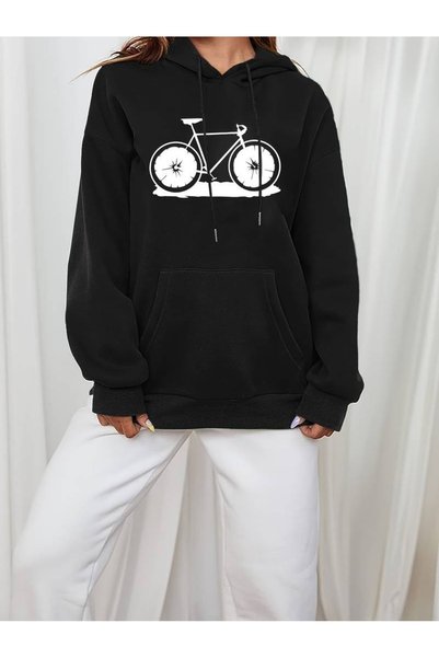 WESTİMO Women's Black Figure Bicycle Printed 3 Thread Hooded Hoodie Sweatshirt