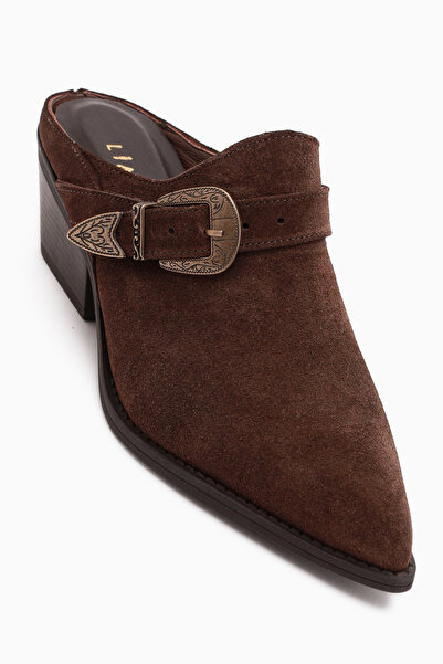 Limoya Sanida Genuine Leather Brown Closed-Front Heeled Women's Slippers