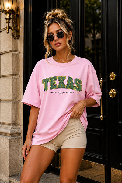 FECCY Tricou oversize pentru femei, cu imprimeu Texas, din bumbac