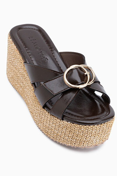 Limoya Malena Brown Straw Wedge Heeled Women's Slippers