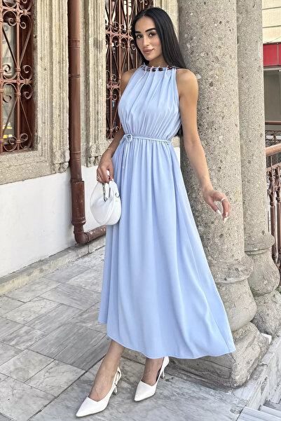 Aryena Blue Women's Dress with Beaded Collar and Elastic Waist