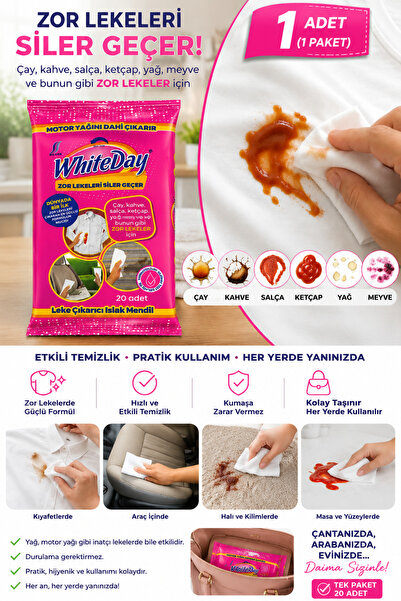 WHİTEDAY Leke Çıkarıcı Islak Mendil 20 Adet – Çay, Kahve, Ketçap, Salça, Yağ ve Zor Lekeler İçin Pratik Temizlik (1 Paket)