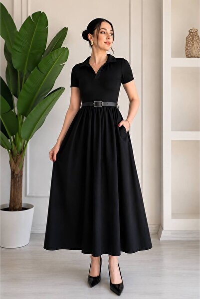 Nura Boutique Gömlek Yaka Kemerli Kısa Kol Elbise