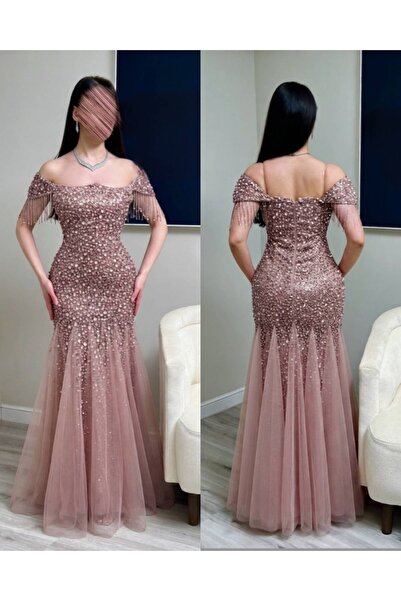 Reem bridal فستان "سيرين" التول المطرز (أو فستان سهرة لؤلؤي بكتف مكشوف وشراشيب)