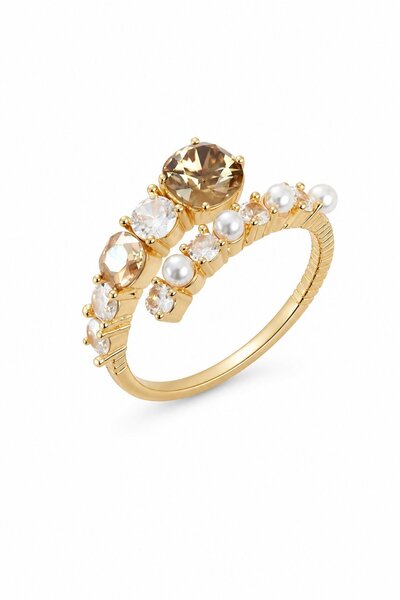 serelya Gold Color Brass Zircon Stone Pearl Women's Ring