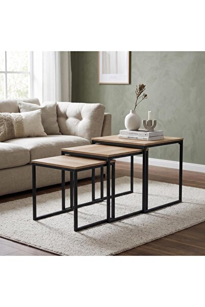 Kreslo Modern Wood Top Metal Base 3-Piece Nesting Table Set