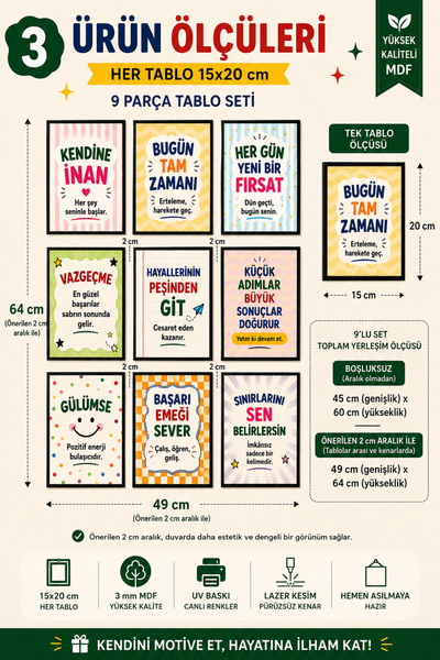 UNT Renkli Motivasyon Sözleri 9’lu Tablo Seti – Modern Duvar Dekoru, Ofis ve ...