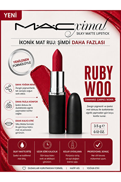 M.A.C MACXIMAL SILKY MATTE - RUBY WOO - NEMLENDİRME ETKİLİ YOĞUN RENK SAĞLAYA...