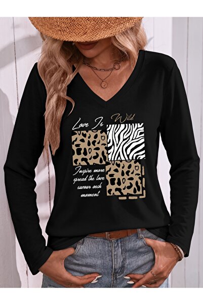 Deocept Black Printed Cotton V-Neck Long Sleeve Blouse