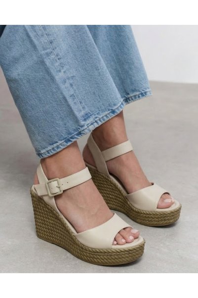 Enes Ayakkabıcılık Women's Straw Wedge Heel Ankle Strap Light Sole Heeled Shoes