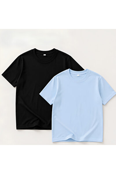 Oversize %100 Pamuk Bisiklet Yaka Günlük Rahat Unisex Tişört 2'li Paket Siyah & Bebe Mavisi