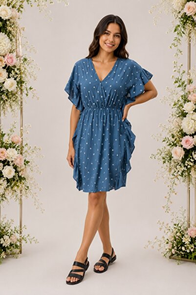OEM Rochie Paula, din bumbac, imprimeu cu stelute, nuanta bleumarin