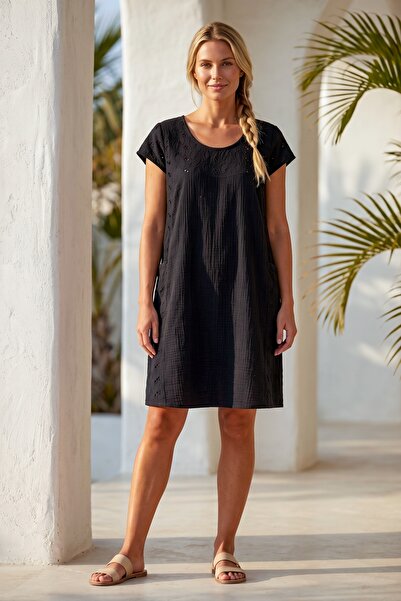 Chiccy Black Pool Collar Low Sleeve Pocketed Robe and Casual Muslin Woven Dre...