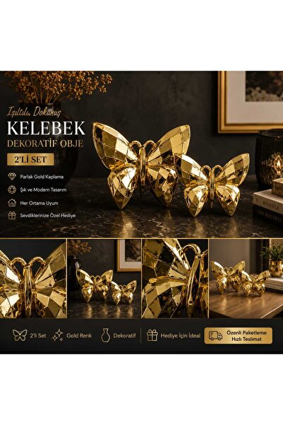 EVİNİZİNRİTMİ Lüks 2'li Set Kelebek Dekoratif Obje - Parlak Gold - Gümüş Kapl...