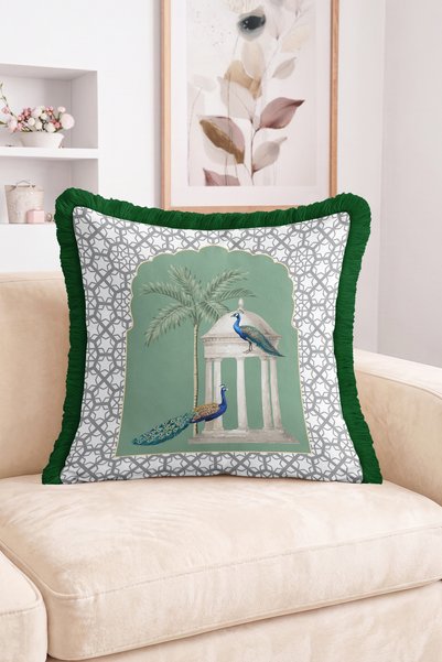 Realhomes Geometric Patterned Fringed-Tasseled Throw Pillow Cover with Peacock, Palm Tree and Arched Pavilion Figures
