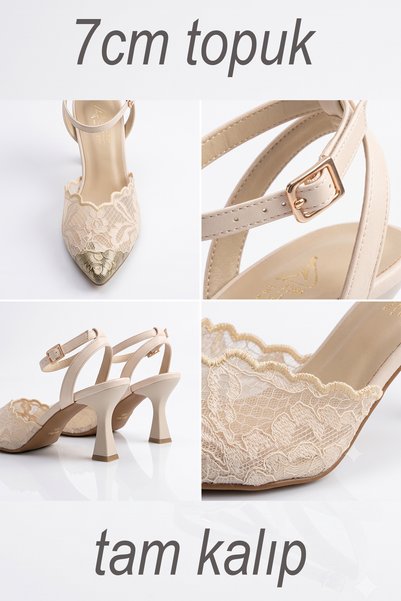 Moira Shoes Women's Ecru Lace Ankle Strap Stiletto Shoes with Gold Tip Detail