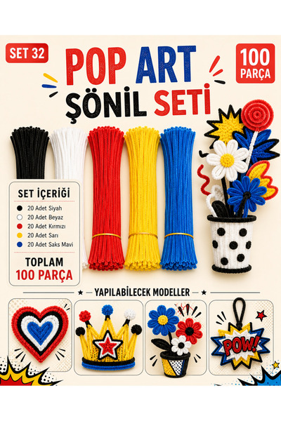Mega Marketing 100 Adet Şönil – Pop Art Seti – Siyah, Beyaz, Kırmızı, Sarı ve...