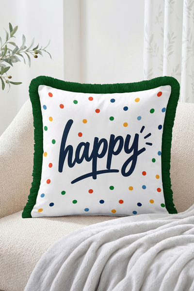 Realhomes Happy Written Colorful Polka Dot Patterned Fringed Throw Pillow Cov...