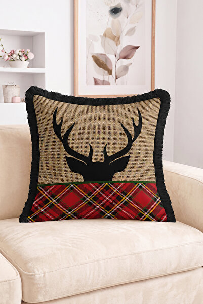 Realhomes Deer Horn Silhouette and Plaid Pattern Fringed Throw Pillow Cover -...