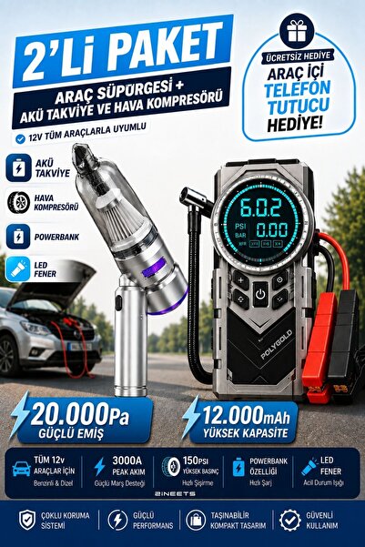 Zineets 20.000Pa Araç Süpürgeli Dijital Göstergeli Araç Lastik Sişirme Ve Ara...
