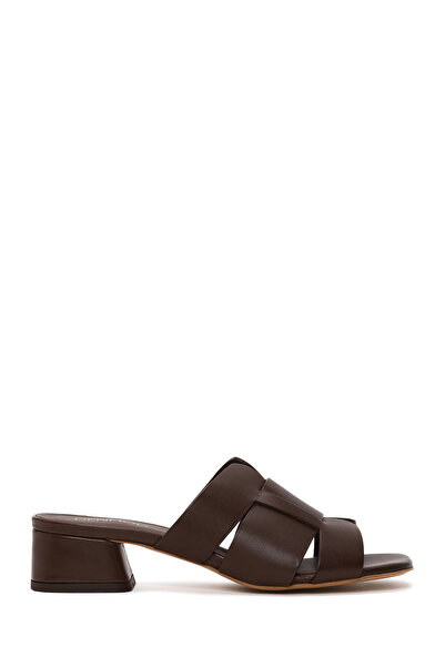Derimod Women's Brown Short Thick Heeled Leather Slippers 26Sfd141818