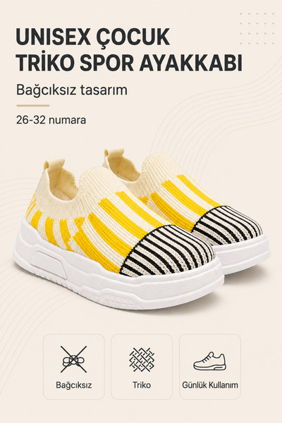 Ayakkabı Deryası Unisex Çocuk Bağcıksız Triko Çorap Spor Ayakkabı Günlük Snea...