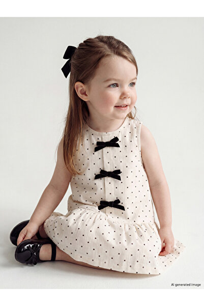 LC Waikiki Trendlucky Girl's Dress with Oval Collar and Polka Dot Bow in Cont...
