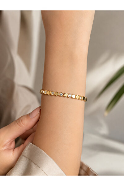 Kadın Cm Jewelry Altın Görünümlü Lüks Kaliteli Kaplama Dayanıklı Şık Gold Taşlı Bileklik