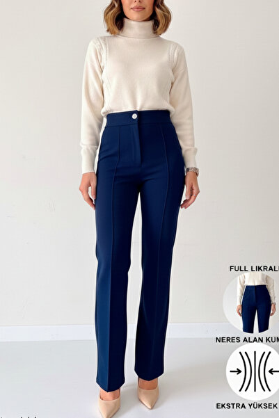 MADAMECİX Women's Navy Blue Crepe Fabric Full Stretch High-Waisted Palazzo Pants