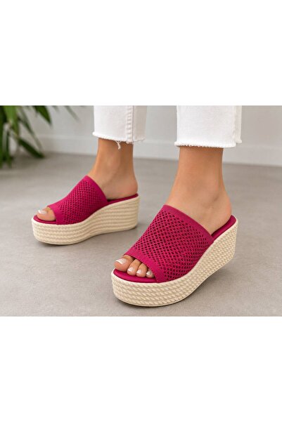 PAPUCUMUN DÜNYASI Women's Mesh Knitted Strappy Platform Padded Sole Daily Sli...