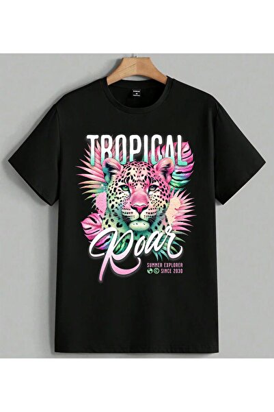ELFERA Tropska cool leopard majica sa šarenim printom, unisex, oversize, crna