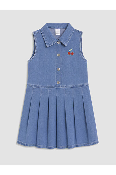 LC Waikiki Original Shirt Collar Pleated Girls' Jean Dress