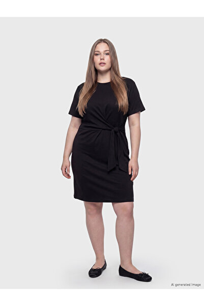LC Waikiki Trendlucky Contrast Color Oval Neck Tie-Up Drawstring Dress