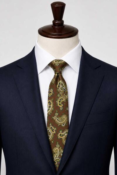 Kravatkolik Brown Shawl Pattern Italian Silk Tie İk2570