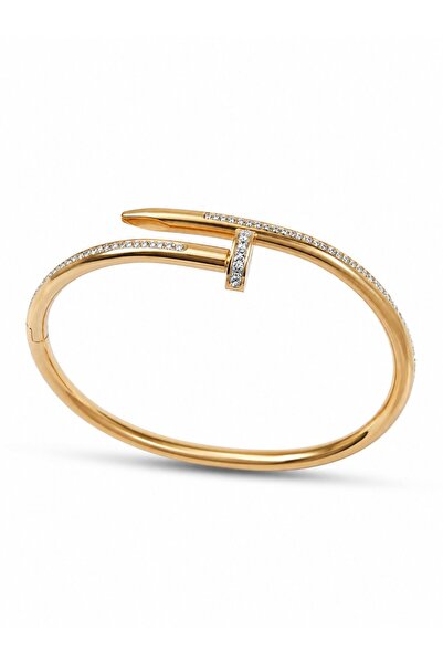 serelya 316L Steel Gold Color Nail Model Zircon Stone Detail Women's Bracelet